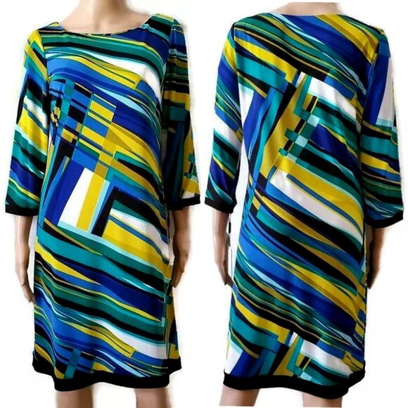 Calvin Klein Dresses & Skirts - Calvin Klein Women's Blue/Yellow/Green 3/4 Sleeve Geometric Shift Dress Sz 8 NWT